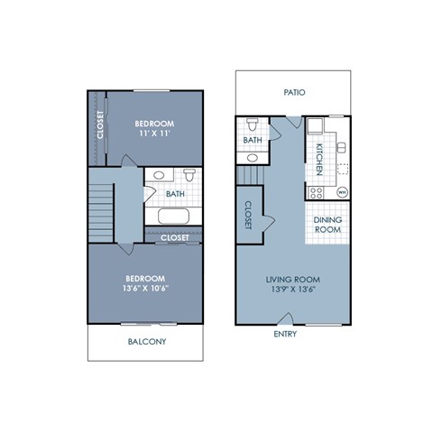 Floor plan for 2 beds, 1 bath, 868 sqft